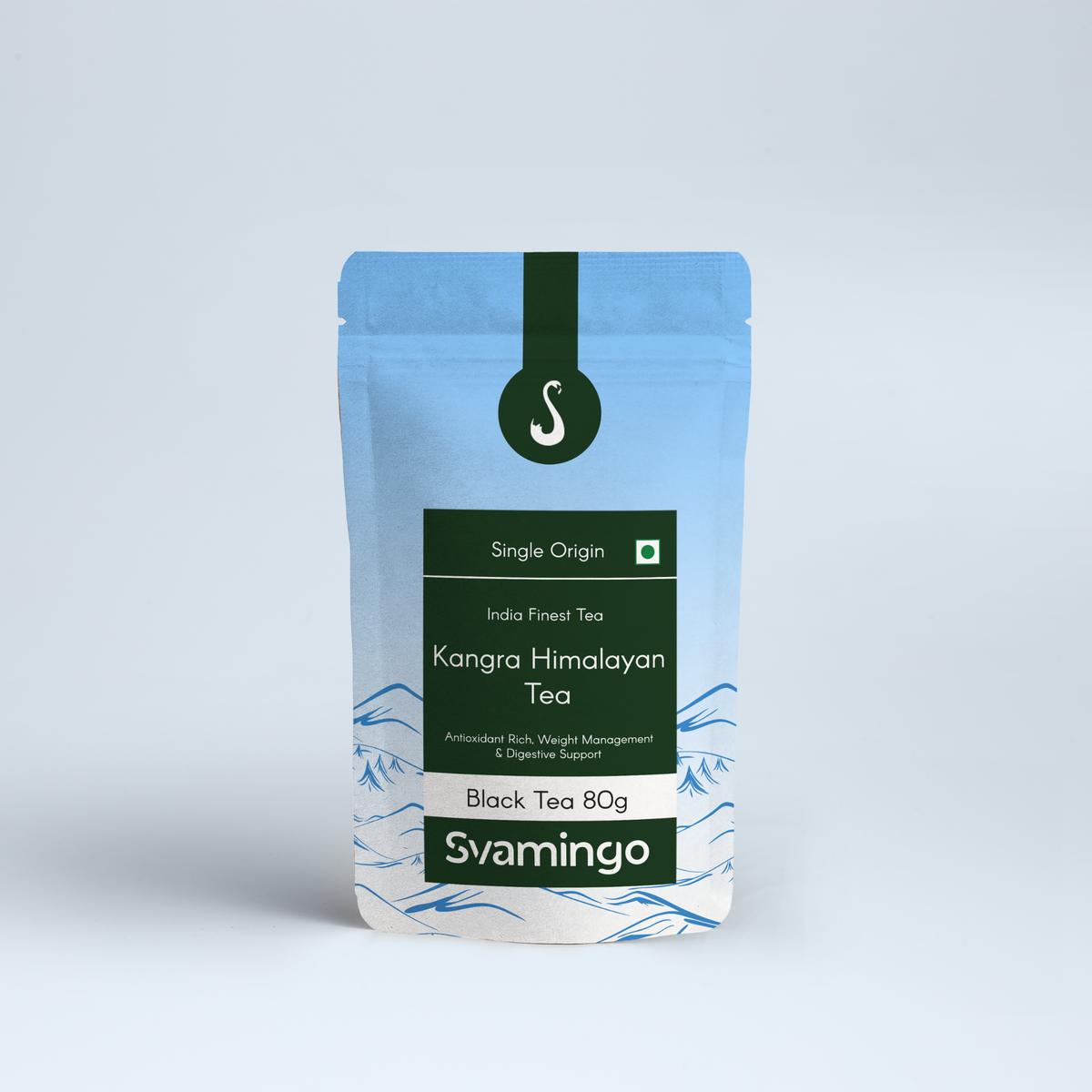 Svamingo Kangra first flush black tea pouch 80g on a plain surface and clean background