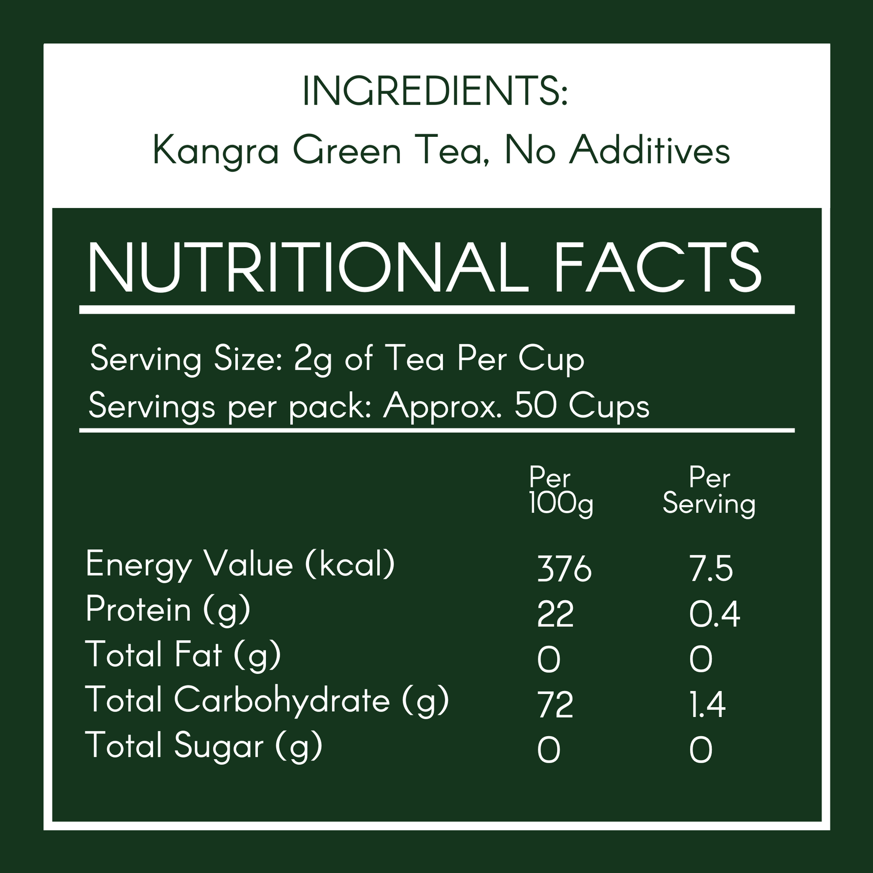 Nutritional facts for Kangra Himalayan Green Tea with serving size and ingredients listed