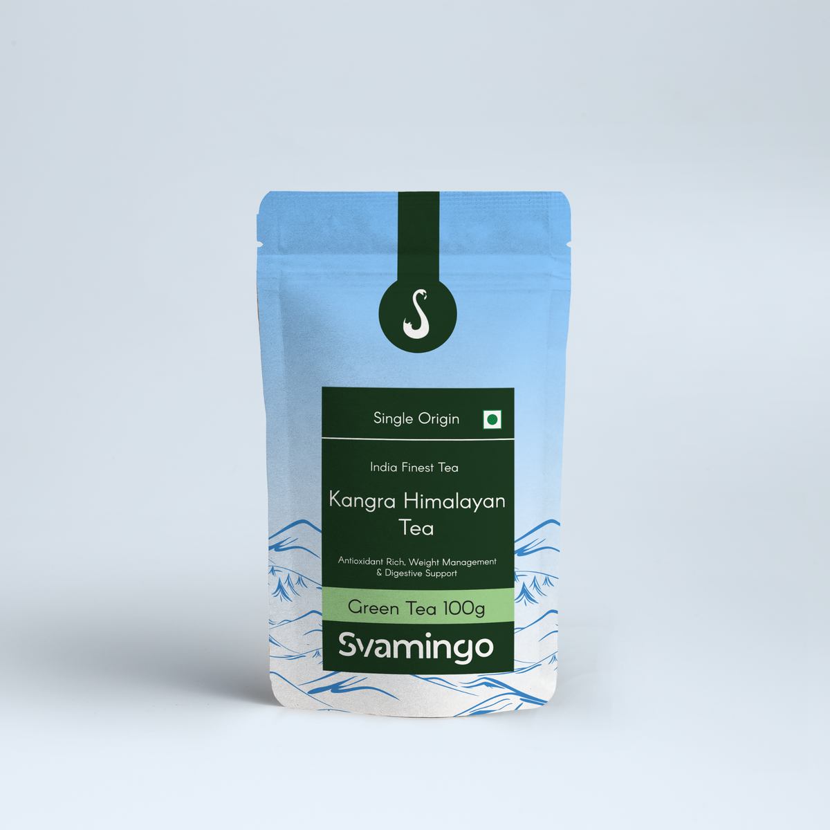 Svamingo Kangra himalayan green tea pouch 100g on a plain surface and clean background