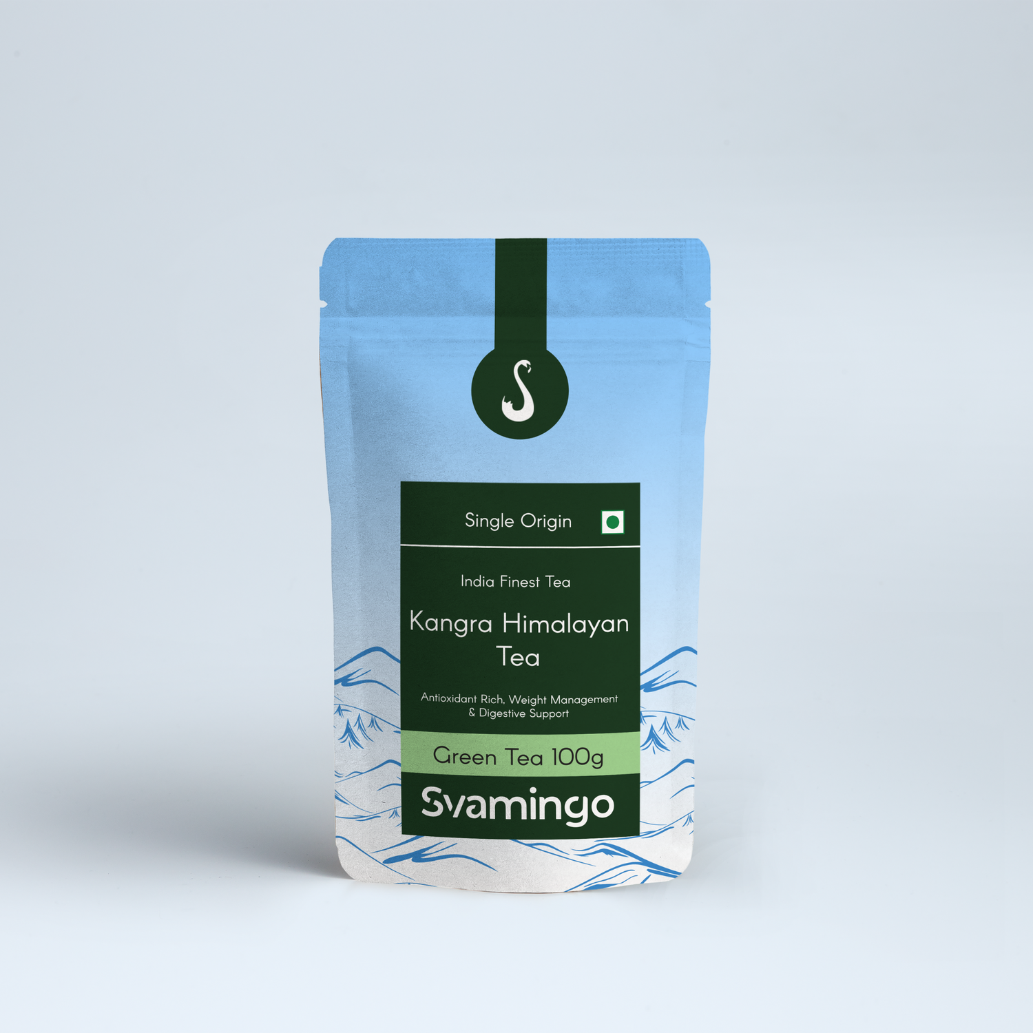 Svamingo Kangra himalayan green tea pouch 100g on a plain surface and clean background