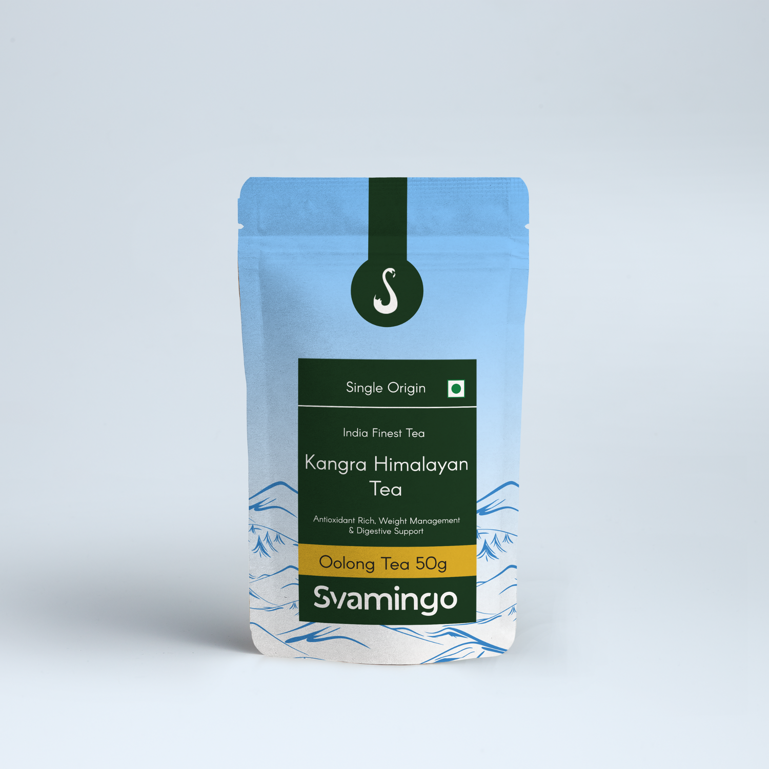 Svamingo Kangra oolong tea pouch 50g on a plain surface and clean background