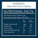 Nutritional facts for Svamingo Nilgiri Green Tea with serving size and ingredients listed.
