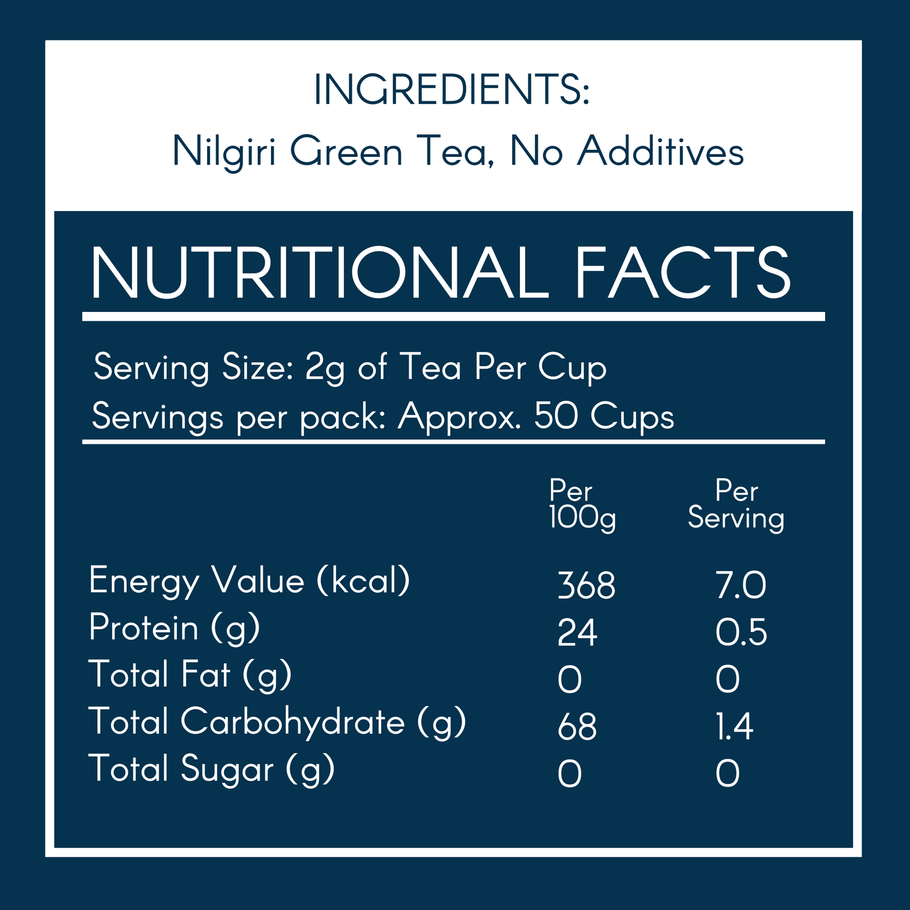 Nutritional facts for Svamingo Nilgiri Green Tea with serving size and ingredients listed.