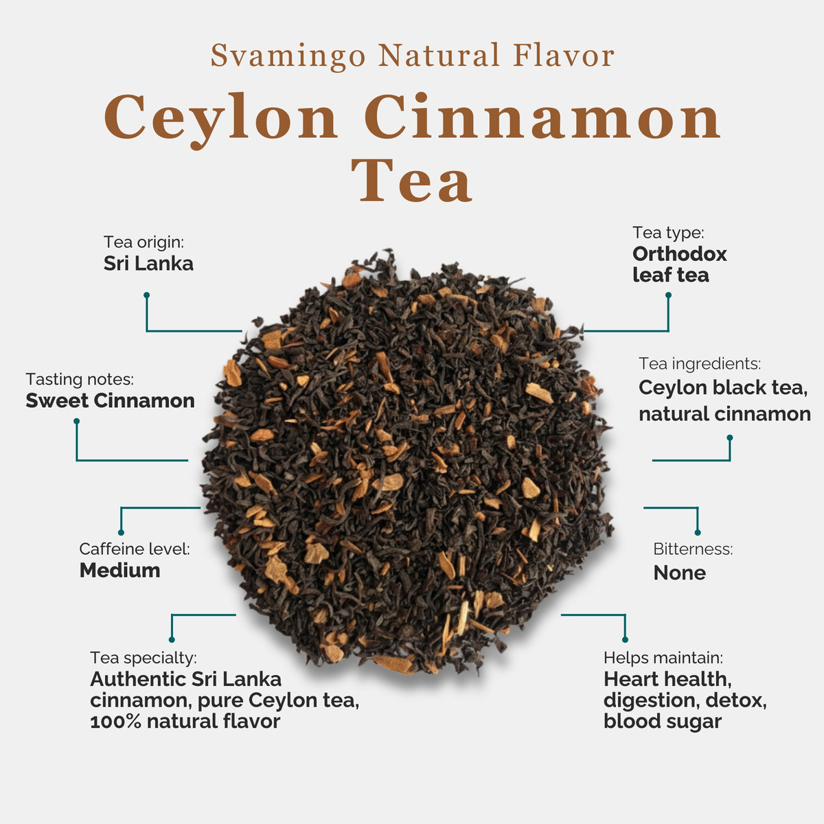 attributes of cinnamon tea from svamingo, including tea type, origin, tasting notes, caffeine level