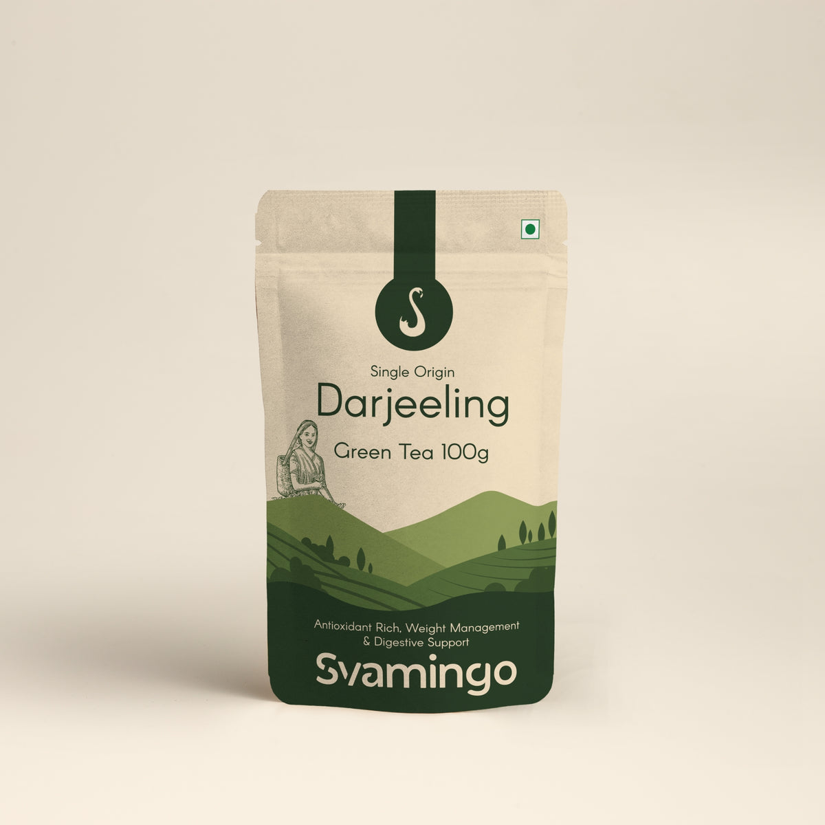 darjeeling green tea pouch from svamingo on a plain background