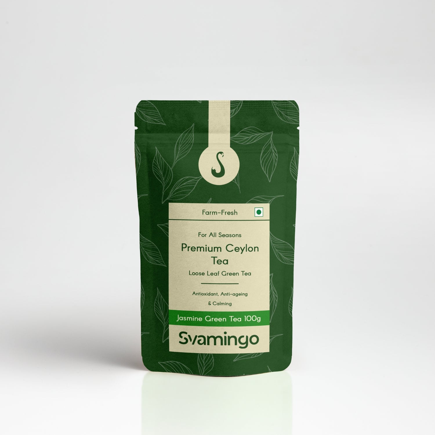 jasmine green tea pouch from svamingo on a plain background