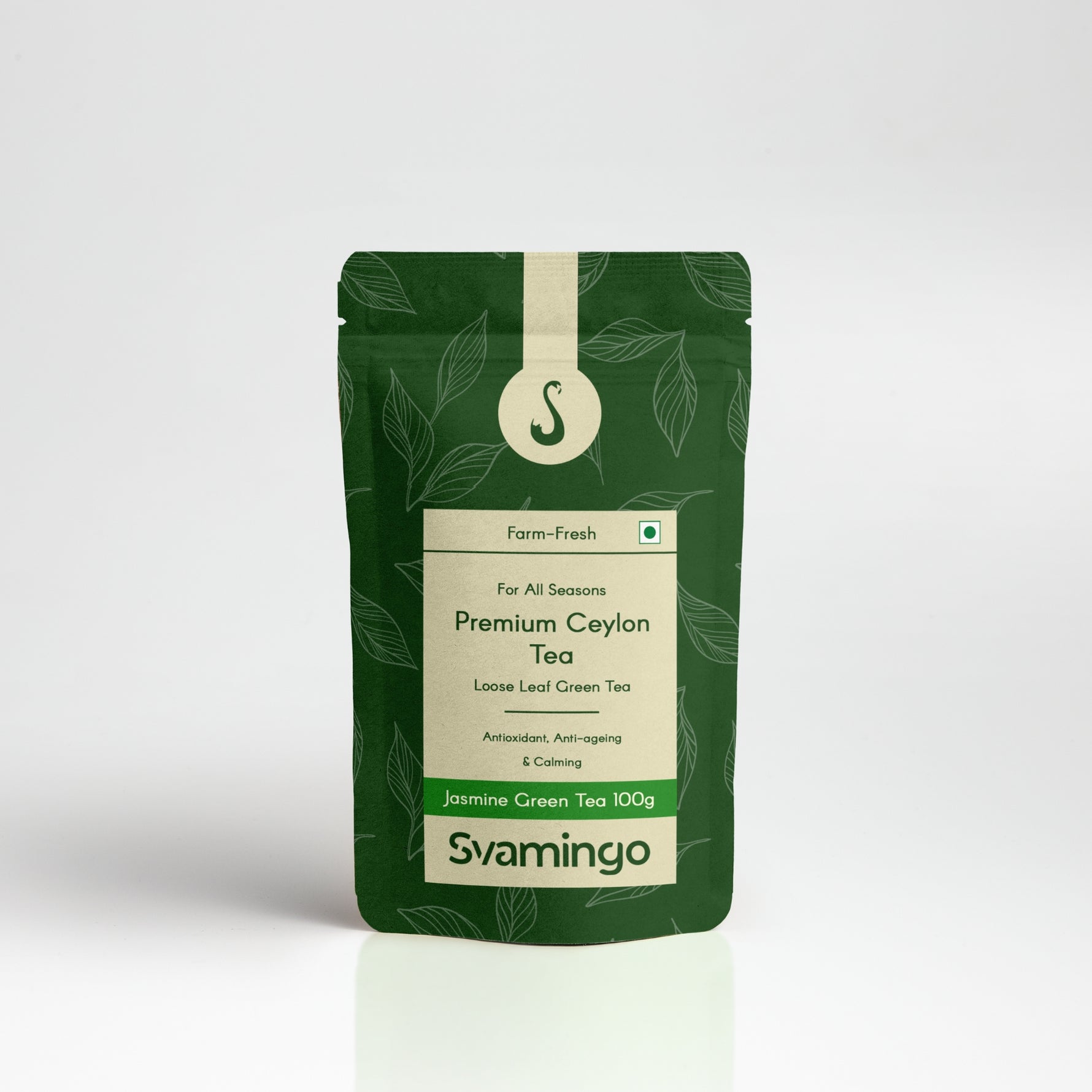 jasmine green tea pouch from svamingo on a plain background