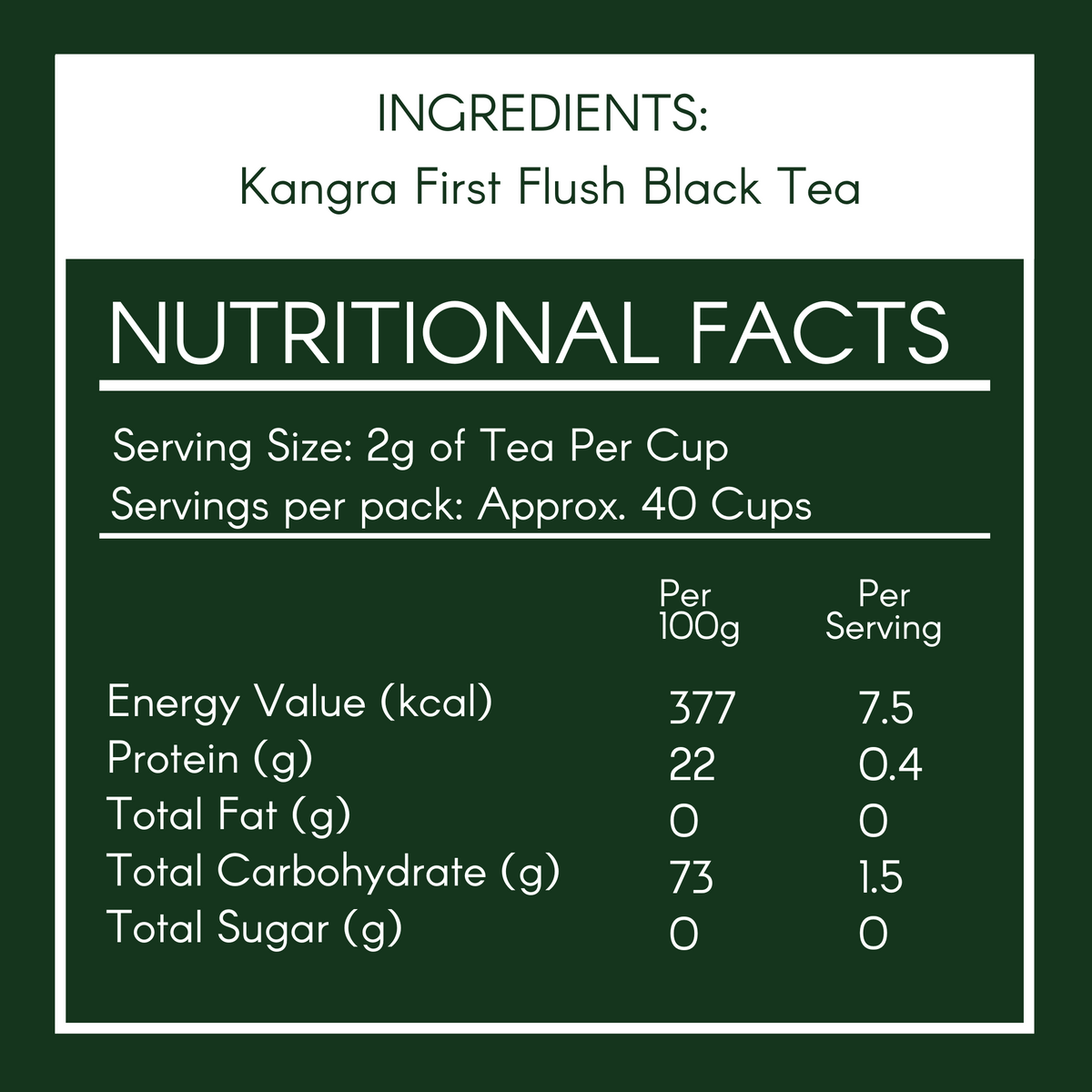 Nutritional facts for Kangra first flush Black Tea with ingredients listed.