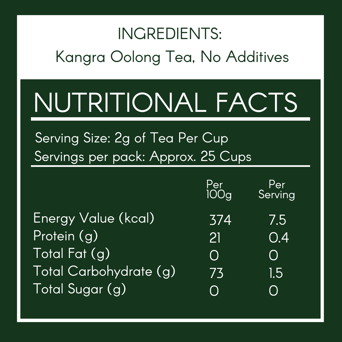 Nutritional facts for Kangra Oolong Tea with ingredients listed