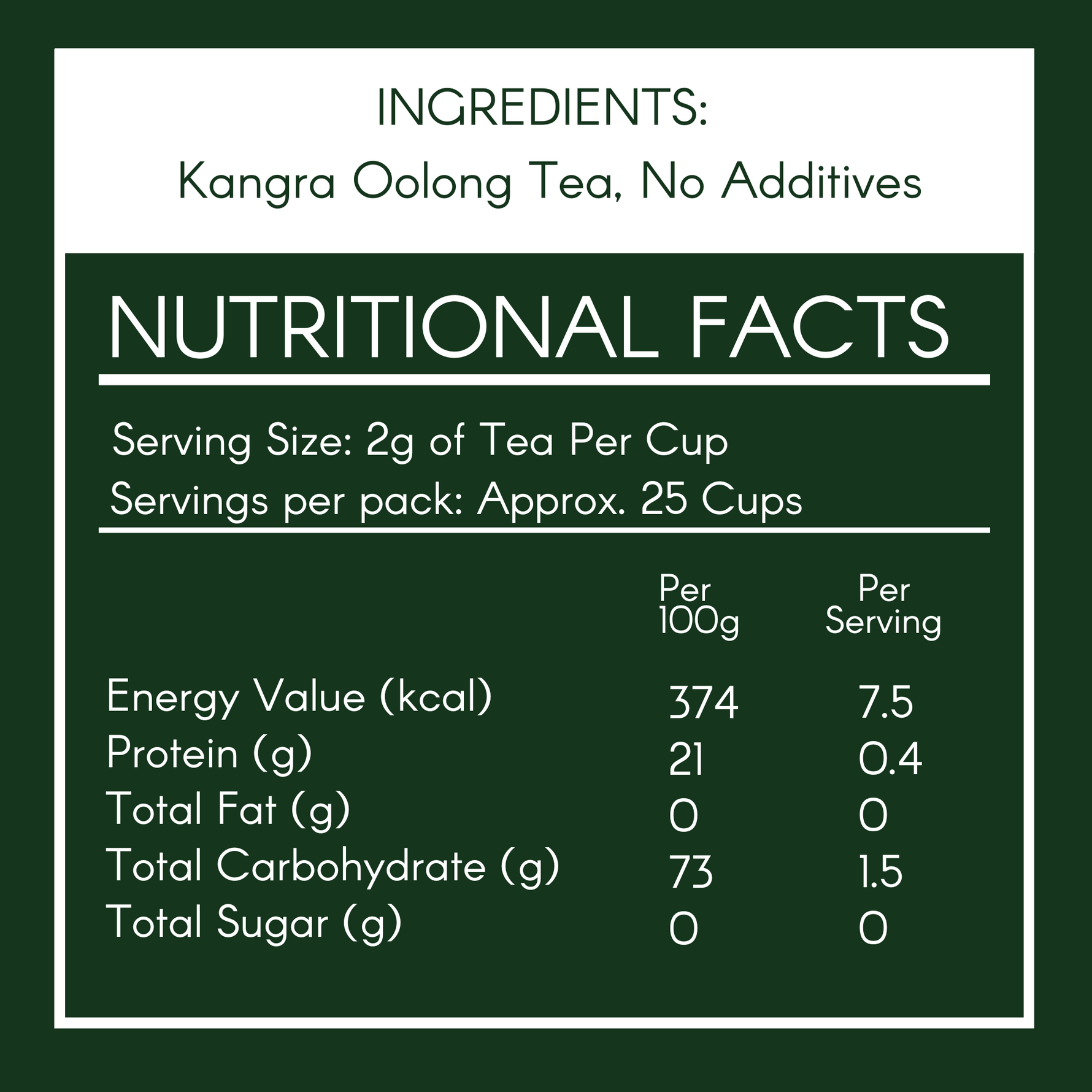 Nutritional facts for Kangra Oolong Tea with ingredients listed