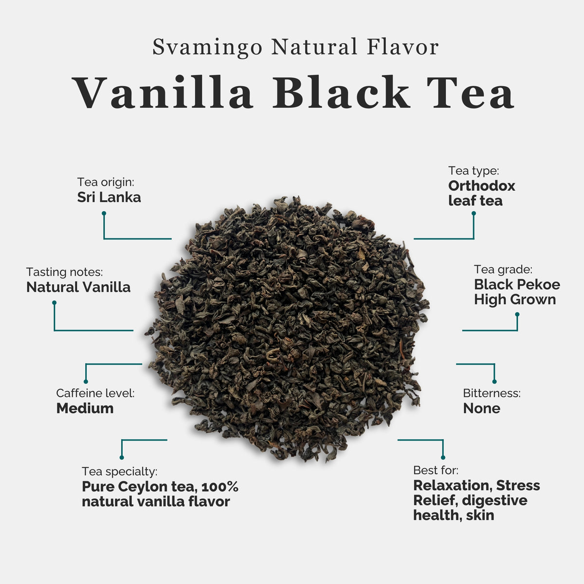 tea attributes of vanilla black tea from svamingo including tea type, origin, tasting notes, caffeine level