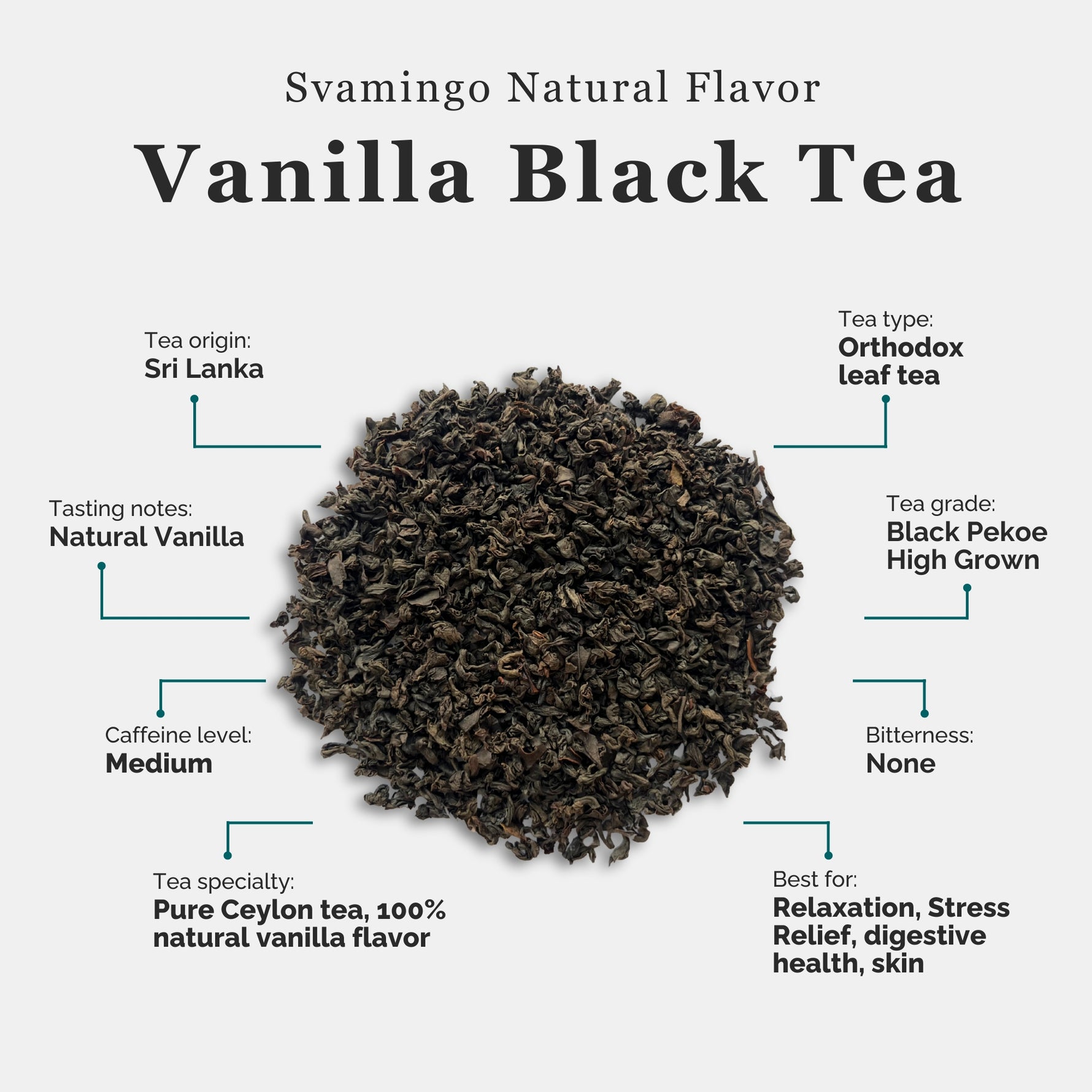 tea attributes of vanilla black tea from svamingo including tea type, origin, tasting notes, caffeine level