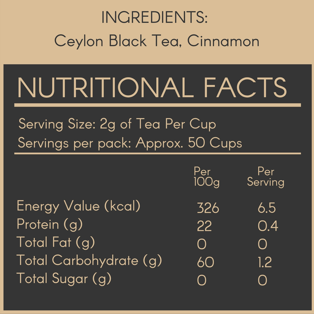 Nutritional facts label for cinnamon Black Tea from svamingo