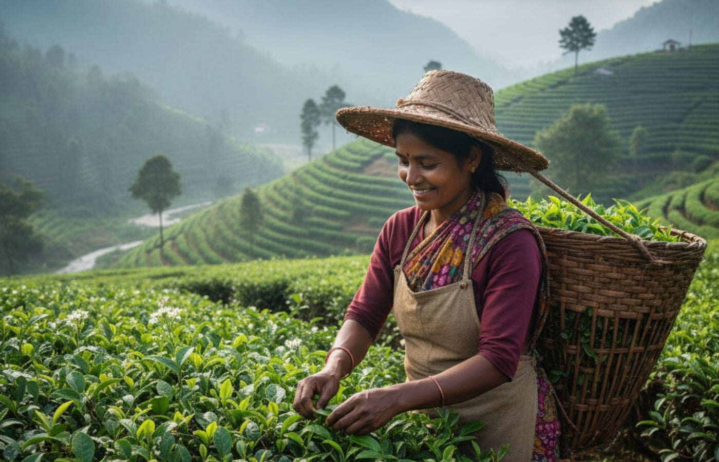 Woman plucking fresh tea leaves in a tea field in Darjeeling India with mountains in the background