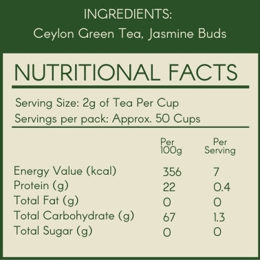 Nutritional facts label for jasmine green tea from svamingo