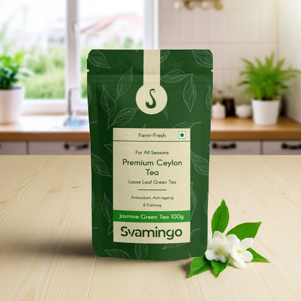 jasmine green tea pouch from svamingo on a plain background