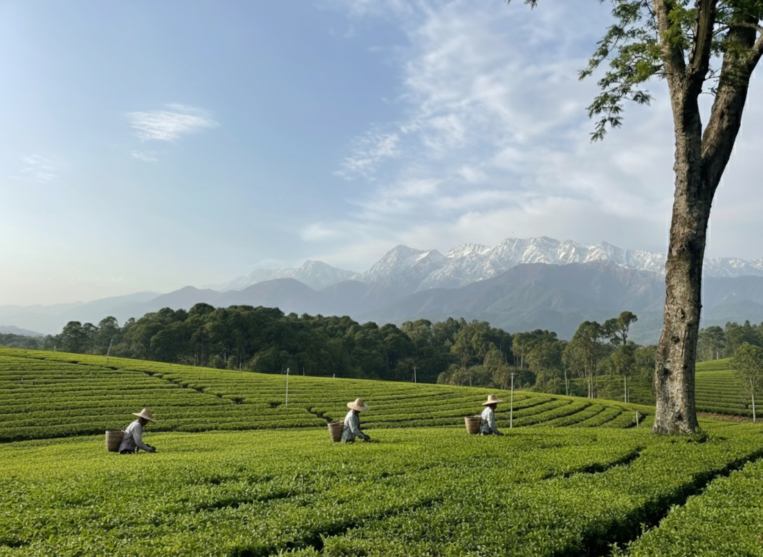 tea workers plucking tea leaves in kangra tea estate in kangra valley, himachal