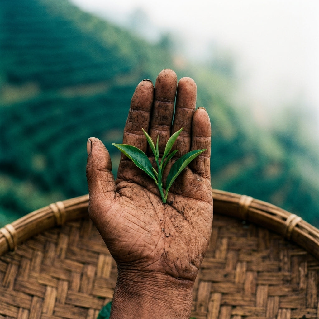 A close-up of a tea worker's hand holding fresh green tea leaves above a woven basket, with a blurred mountain landscape in the background.