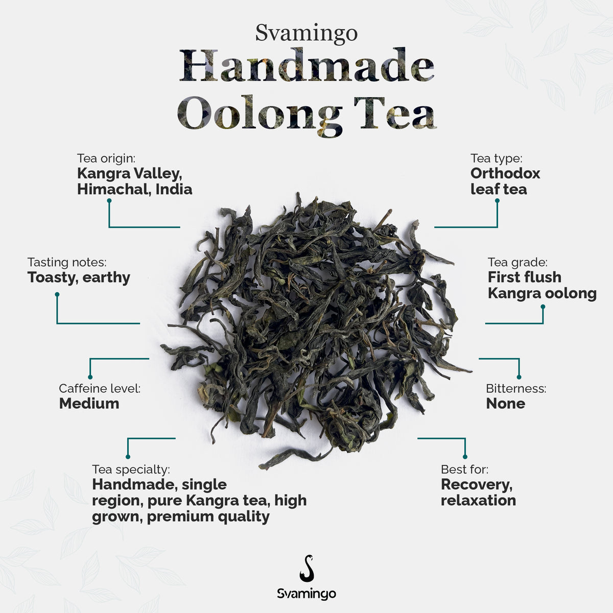 Svamingo Handmade Oolong tea attributes (tea origin, type, tasting notes, grade, caffeine, bitterness, specialty)