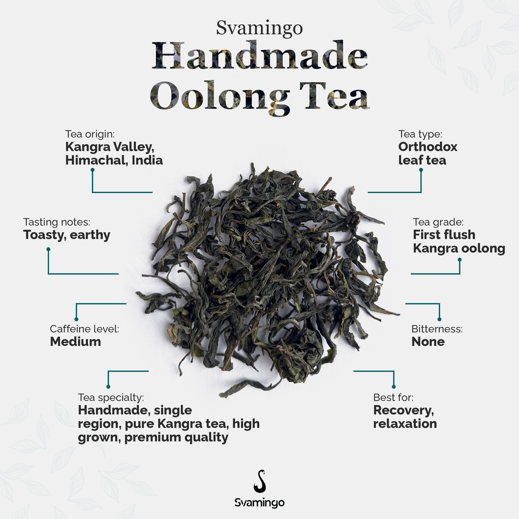 Svamingo Handmade Oolong tea attributes (tea origin, type, tasting notes, grade, caffeine, bitterness, specialty)