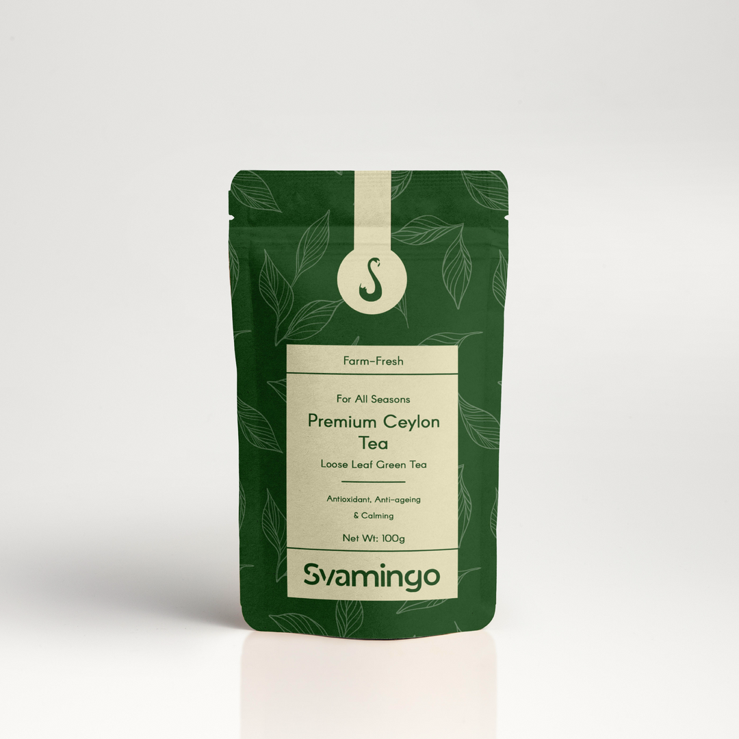 Svamingo Premium Ceylon green Tea pouch on plain surface and clean background