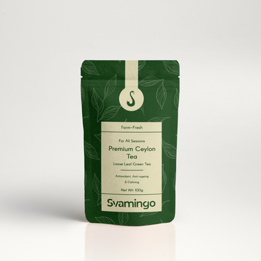 Svamingo Premium Ceylon green Tea pouch on plain surface and clean background
