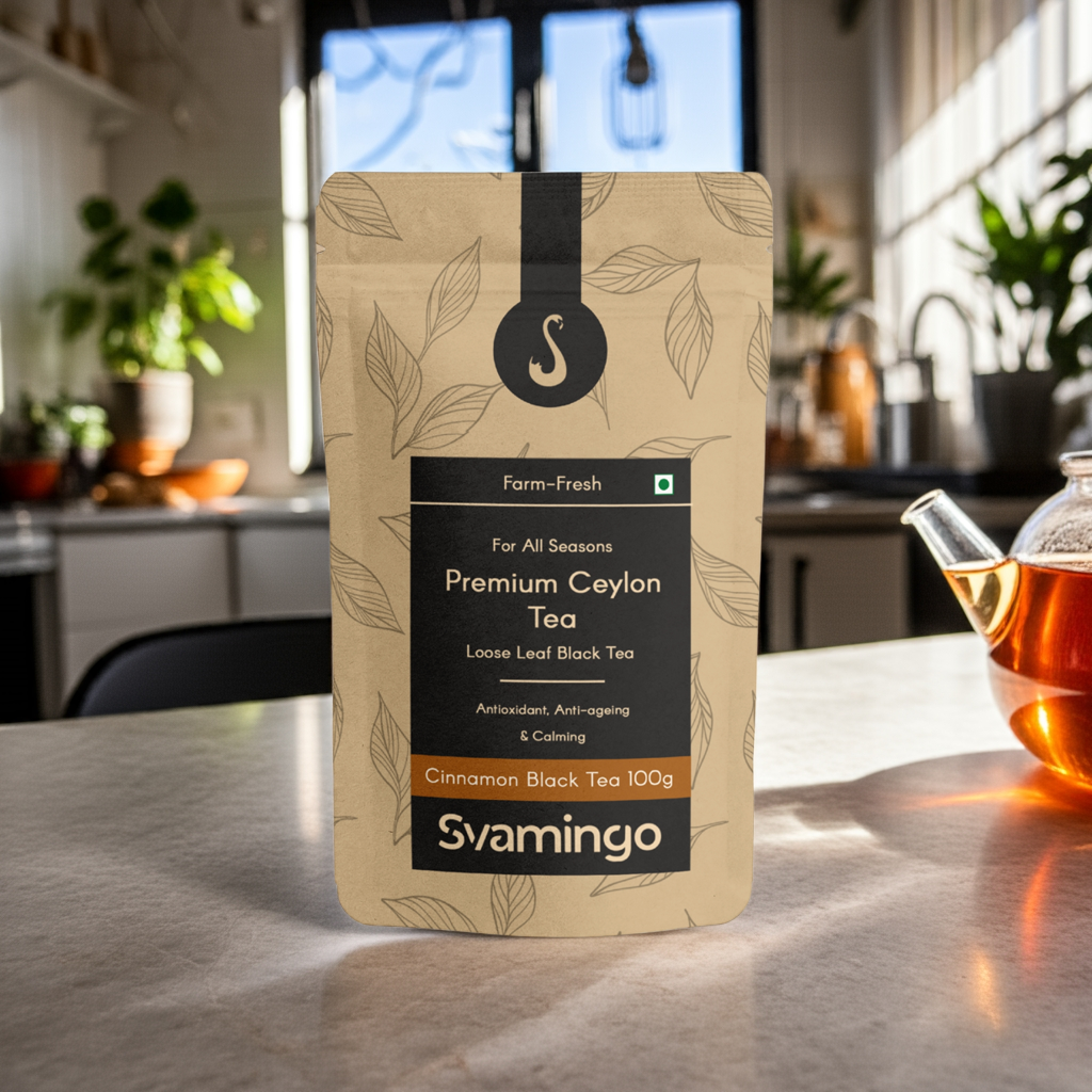 cinnamon tea from svamingo on a kitchen counter shelf with kitchen on background