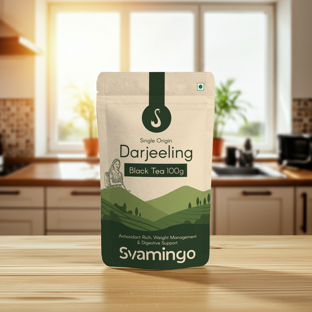 Svamingo Darjeeling black tea 100g package on a kitchen counter