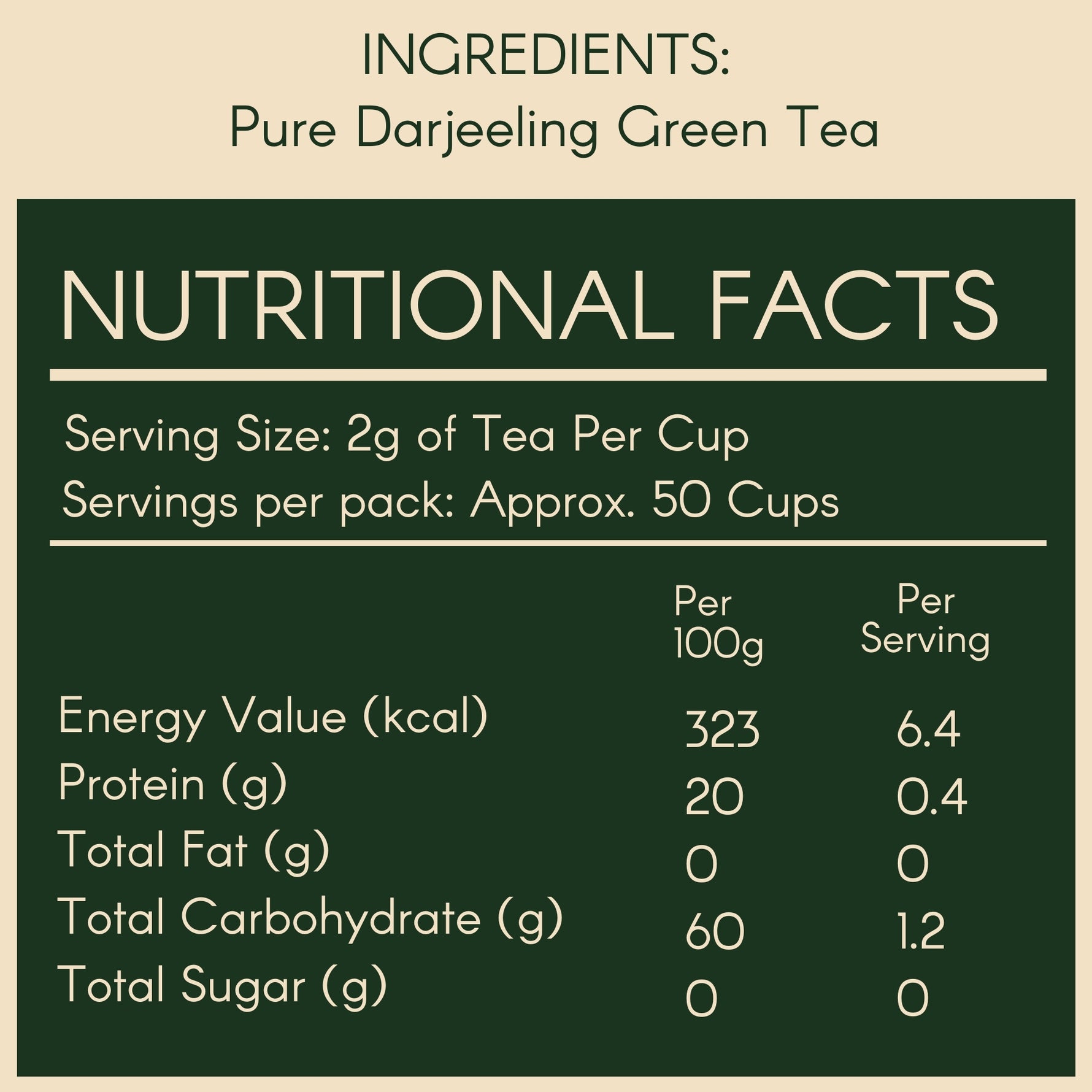 Nutritional facts label for Pure Darjeeling Green Tea from svamingo