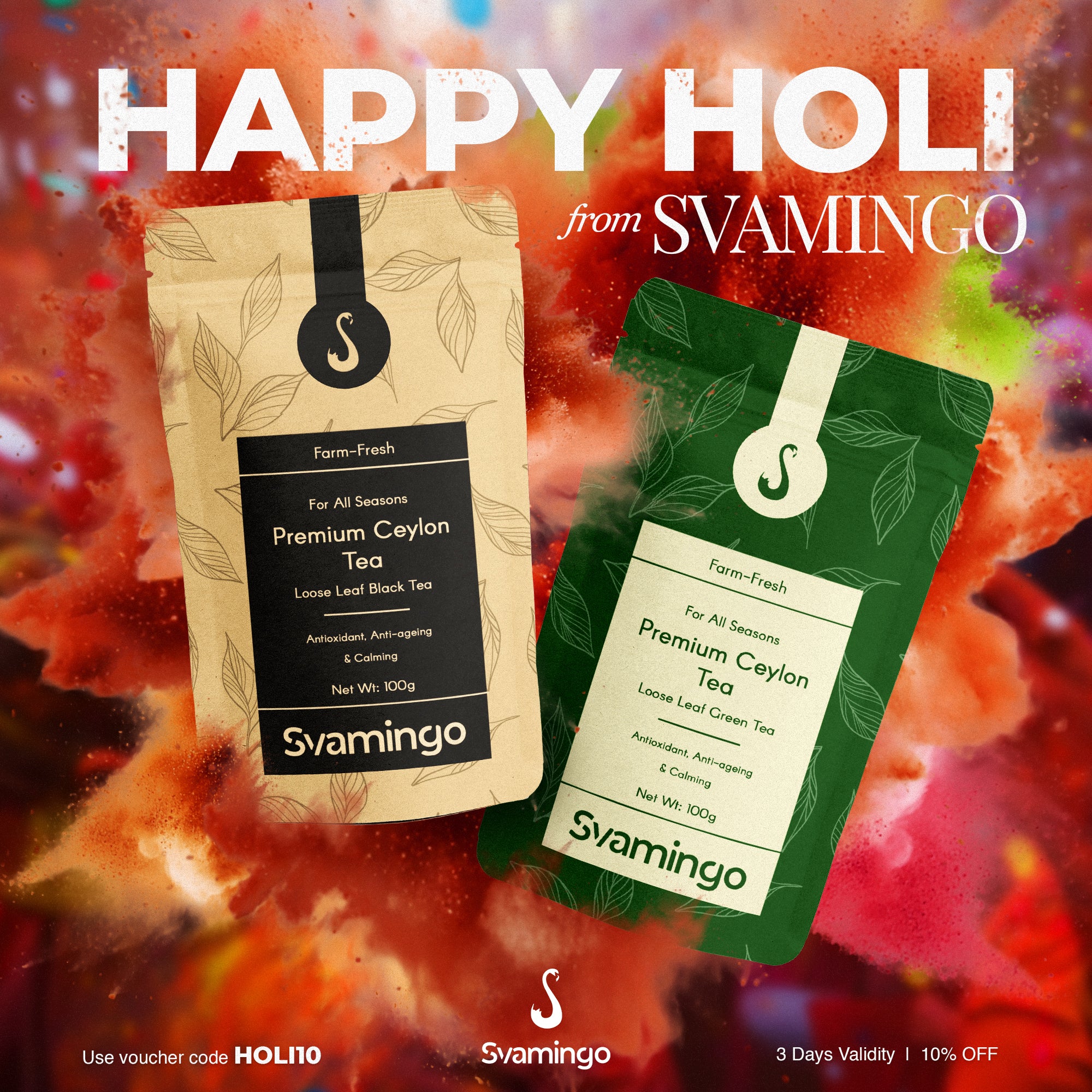 Two Svamingo tea packages with a colorful Holi-themed background