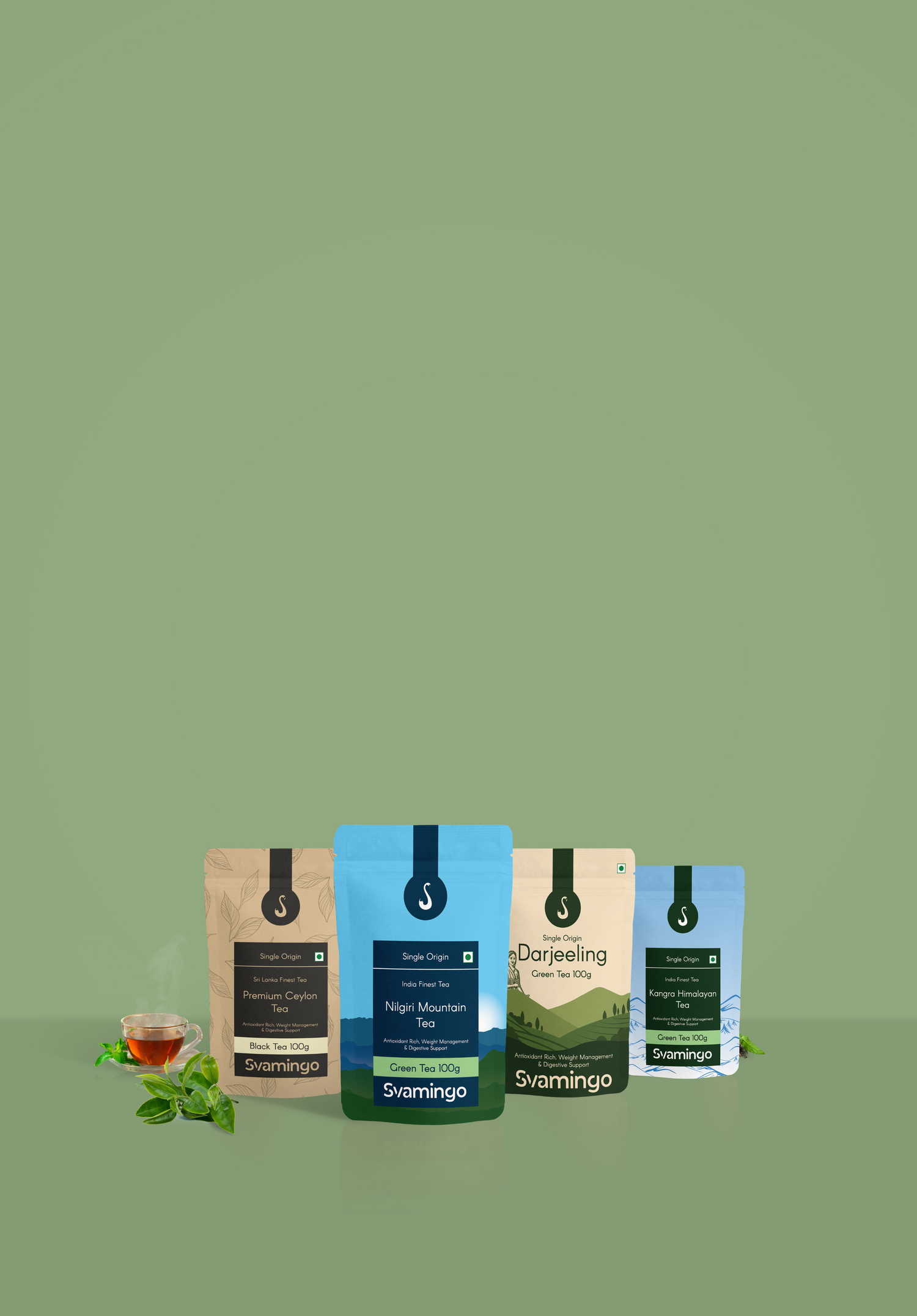 Four Swamino tea packages on a green background