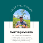 Svamingo founder holding a tea leaf with a tea farm in background and text about Svamingo Mission on a green and white background.