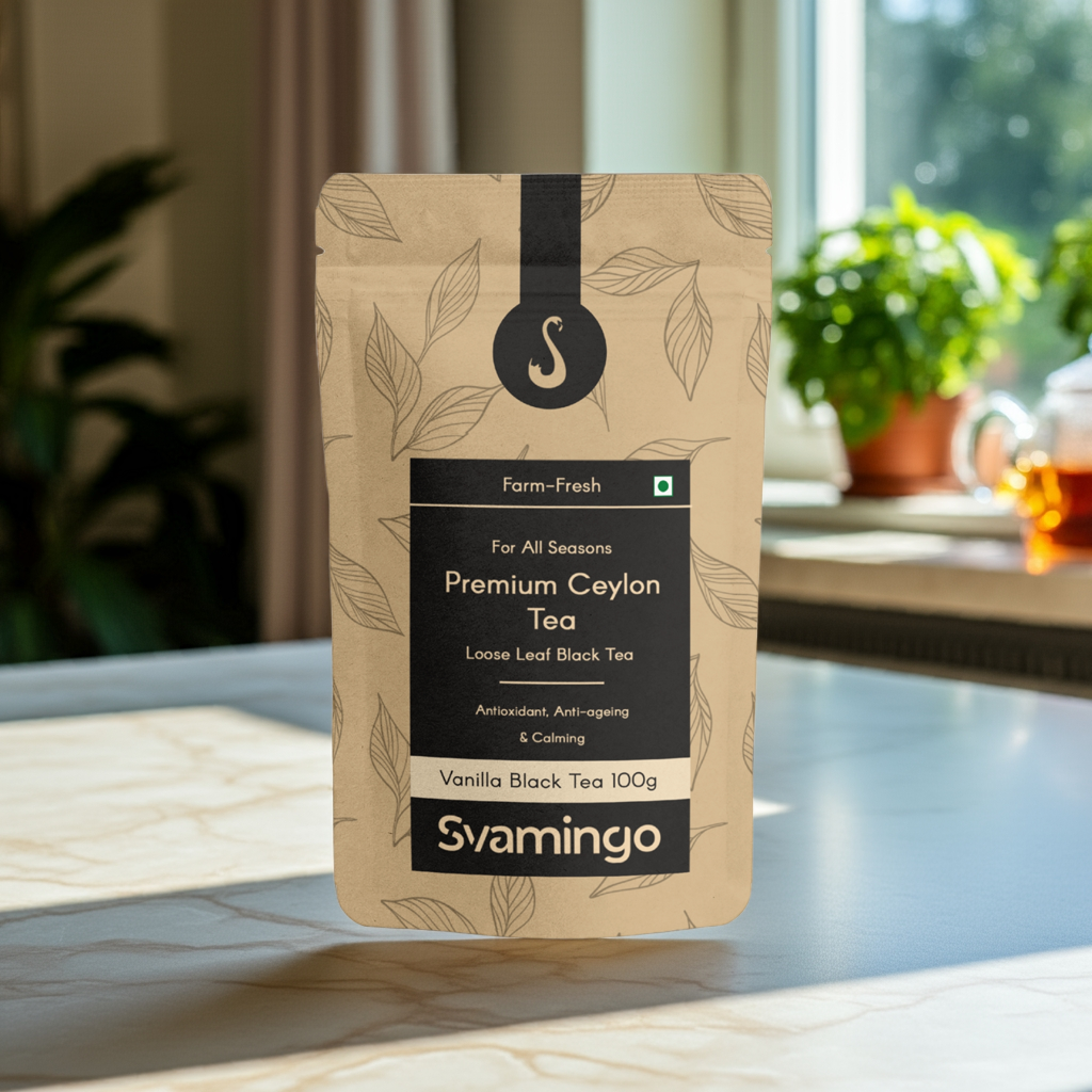 vanilla black tea pouch from svamingo placed on a kitchen shelf counter