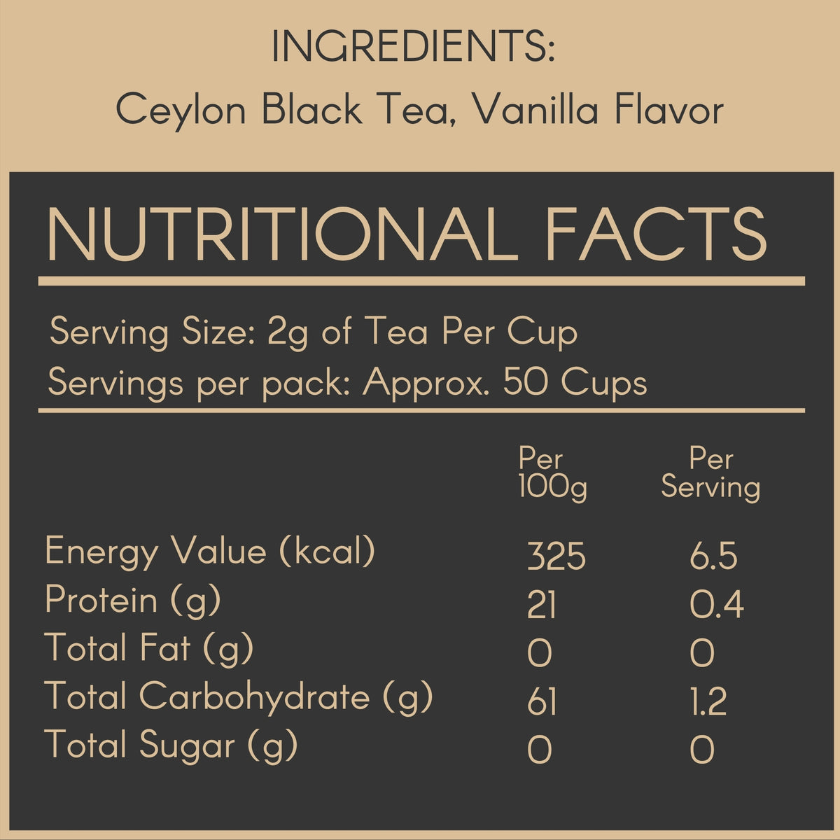 Nutritional facts label for vanilla black tea from svamingo
